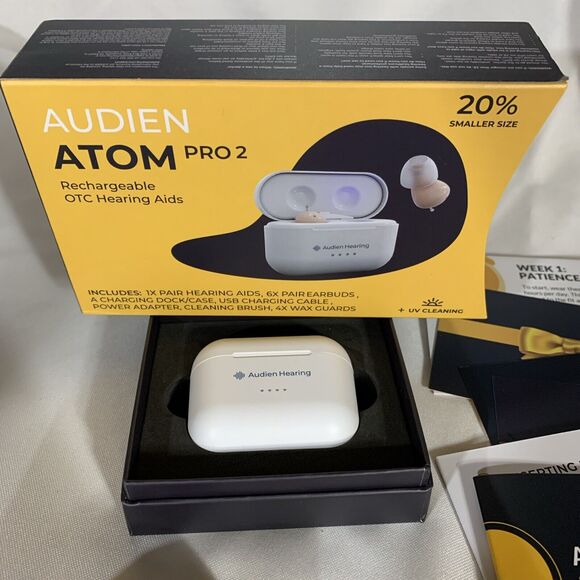 Audien Atom Pro 2 Rechargeable OTC Hearing Aids, New In Box Original Packing - Picture 2 of 5
